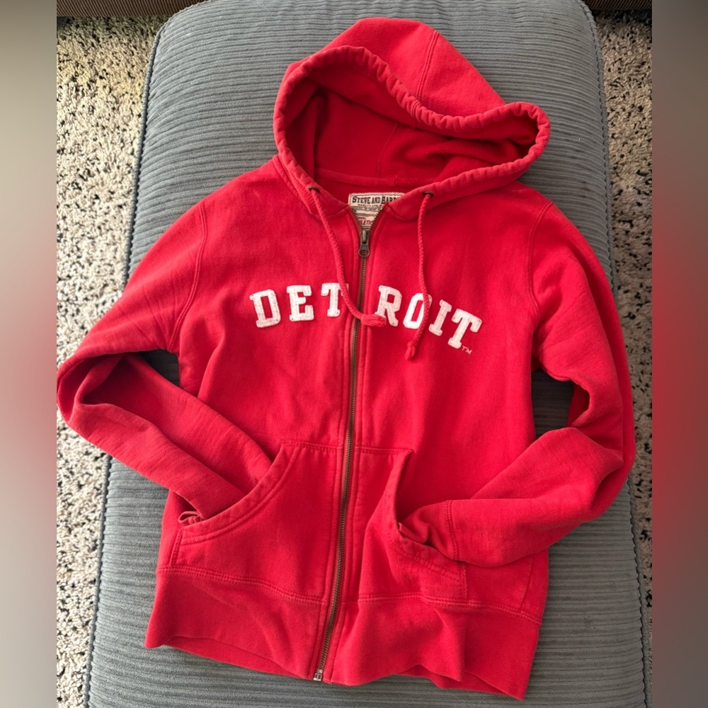 Classic Red Zip-Up Jacket with Detroit Design
